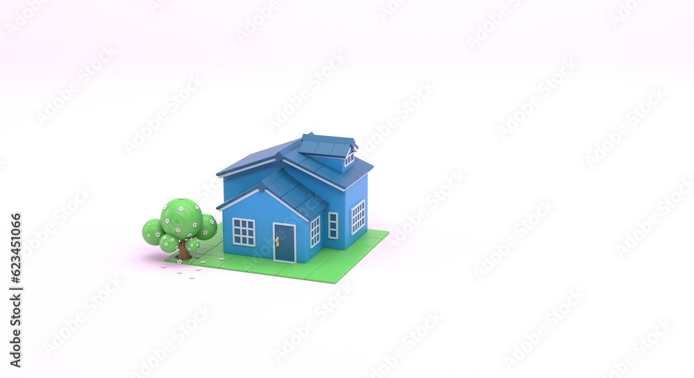 Spring, snow, seasons, house with tree representing spring, passing of the season, flyer for ads, investment, dream house (3d illustration)