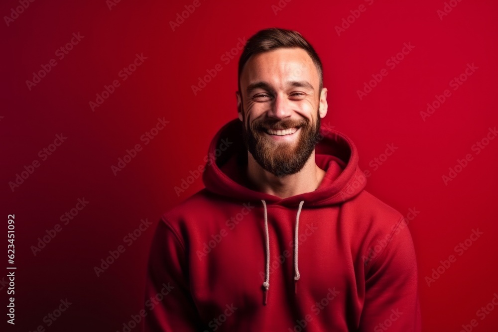 Medium shot portrait photography of a happy boy in his 30s wearing a stylish hoodie against a ruby red background. With generative AI technology Medium shot portrait photography of a happy boy in his 30s wearing a stylish hoodie against a ruby red background. With generative AI technology