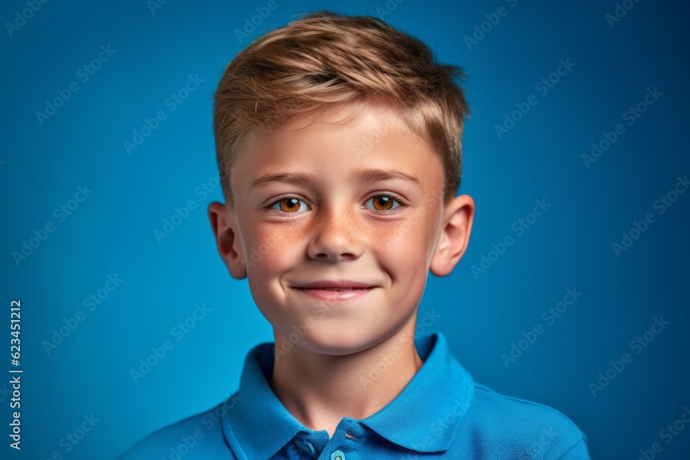 Close-up portrait photography of a glad kid male wearing a sporty polo shirt against a sapphire blue background. With generative AI technology Close-up portrait photography of a glad kid male wearing a sporty polo shirt against a sapphire blue background. With generative AI technology