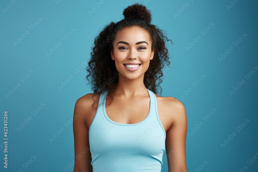 Medium shot portrait photography of a glad girl in her 30s wearing a sporty tank top against a sapphire blue background. With generative AI technology Medium shot portrait photography of a glad girl in her 30s wearing a sporty tank top against a sapphire blue background. With generative AI technology