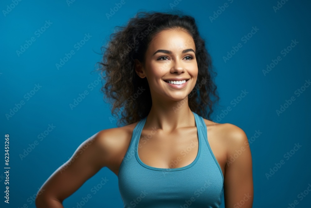 Medium shot portrait photography of a glad girl in her 30s wearing a sporty tank top against a sapphire blue background. With generative AI technology Medium shot portrait photography of a glad girl in her 30s wearing a sporty tank top against a sapphire blue background. With generative AI technology