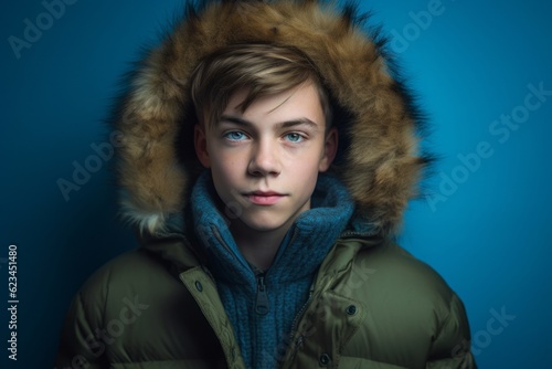 Group portrait photography of a beautiful boy in his 20s wearing a cozy winter coat against a sapphire blue background. With generative AI technology