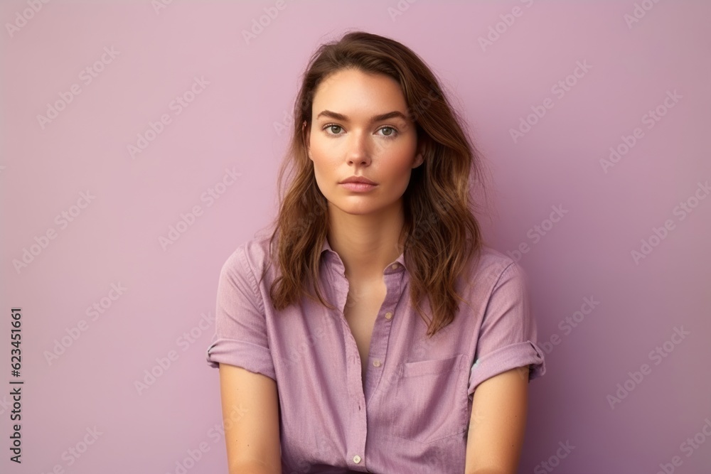 Photography in the style of pensive portraiture of a glad girl in her 30s wearing a casual short-sleeve shirt against a lilac purple background. With generative AI technology