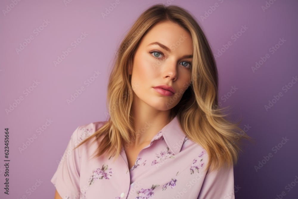 Photography in the style of pensive portraiture of a glad girl in her 30s wearing a casual short-sleeve shirt against a lilac purple background. With generative AI technology Photography in the style of pensive portraiture of a glad girl in her 30s wearing a casual short-sleeve shirt against a lilac purple background. With generative AI technology