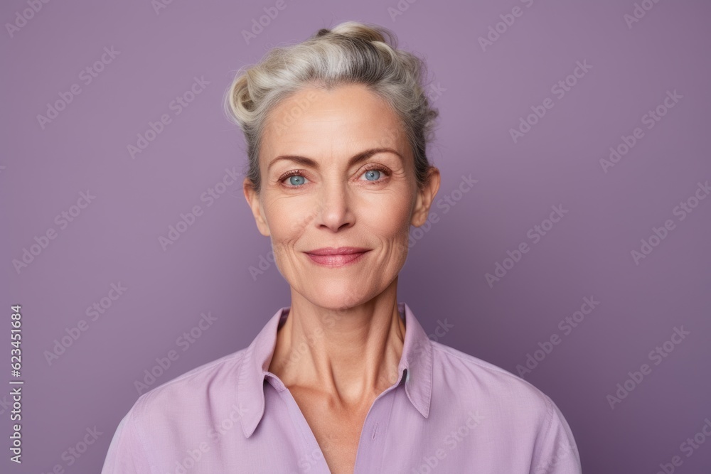 Close-up portrait photography of a tender mature woman wearing a casual short-sleeve shirt against a lilac purple background. With generative AI technology Close-up portrait photography of a tender mature woman wearing a casual short-sleeve shirt against a lilac purple background. With generative AI technology