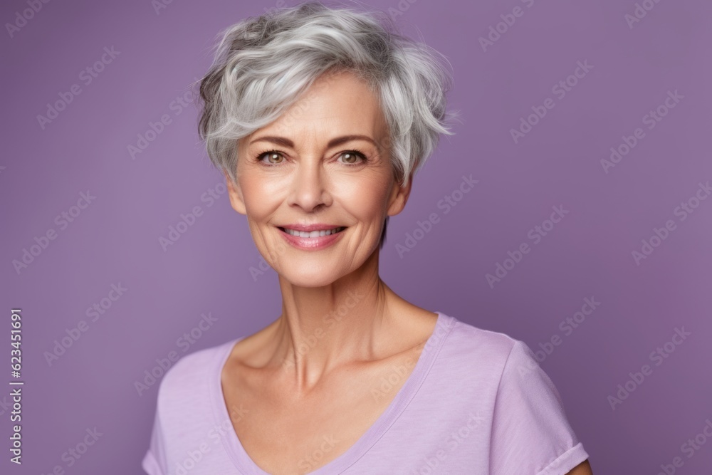Close-up portrait photography of a tender mature woman wearing a casual short-sleeve shirt against a lilac purple background. With generative AI technology Close-up portrait photography of a tender mature woman wearing a casual short-sleeve shirt against a lilac purple background. With generative AI technology
