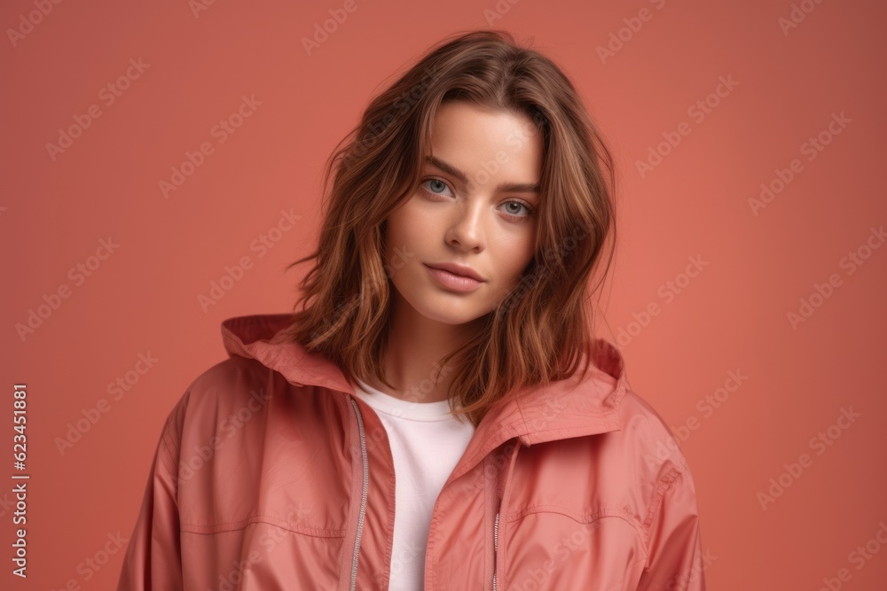 Medium shot portrait photography of a tender girl in her 30s wearing a lightweight windbreaker against a coral pink background. With generative AI technology Medium shot portrait photography of a tender girl in her 30s wearing a lightweight windbreaker against a coral pink background. With generative AI technology