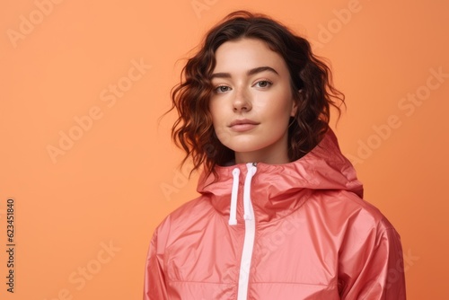 Medium shot portrait photography of a tender girl in her 30s wearing a lightweight windbreaker against a coral pink background. With generative AI technology