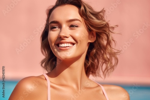 Close-up portrait photography of a glad girl in her 30s wearing a stylish swimsuit against a coral pink background. With generative AI technology