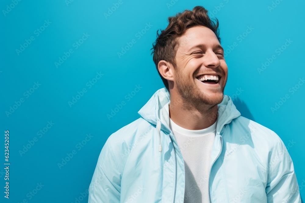 Lifestyle portrait photography of a satisfied boy in his 30s wearing a lightweight windbreaker against a cerulean blue background. With generative AI technology Lifestyle portrait photography of a satisfied boy in his 30s wearing a lightweight windbreaker against a cerulean blue background. With generative AI technology