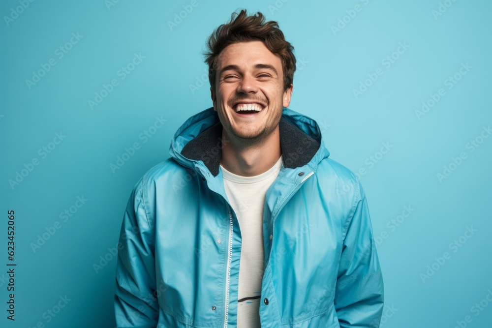 Lifestyle portrait photography of a satisfied boy in his 30s wearing a lightweight windbreaker against a cerulean blue background. With generative AI technology Lifestyle portrait photography of a satisfied boy in his 30s wearing a lightweight windbreaker against a cerulean blue background. With generative AI technology