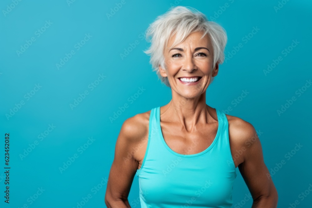 Lifestyle portrait photography of a joyful mature woman wearing a sporty tank top against a cerulean blue background. With generative AI technology Lifestyle portrait photography of a joyful mature woman wearing a sporty tank top against a cerulean blue background. With generative AI technology