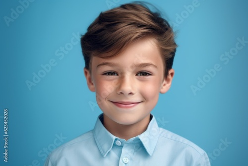 Close-up portrait photography of a satisfied kid male wearing a casual short-sleeve shirt against a cerulean blue background. With generative AI technology