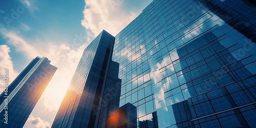 Reflective skyscraper business office buildings. Bottom up view of big modern city urban landscape. AI generative photo