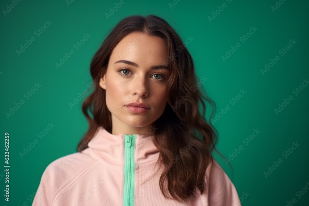 Medium shot portrait photography of a tender girl in her 30s wearing a comfortable tracksuit against a spearmint green background. With generative AI technology Medium shot portrait photography of a tender girl in her 30s wearing a comfortable tracksuit against a spearmint green background. With generative AI technology