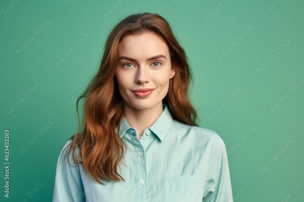 Medium shot portrait photography of a glad girl in her 30s wearing a classy button-up shirt against a spearmint green background. With generative AI technology Medium shot portrait photography of a glad girl in her 30s wearing a classy button-up shirt against a spearmint green background. With generative AI technology
