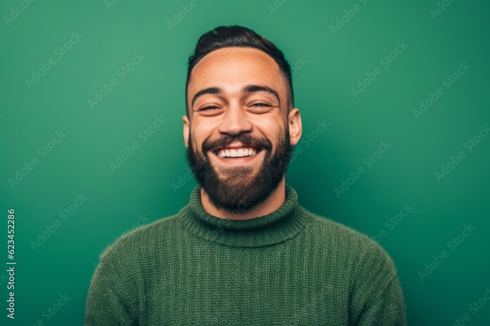 Close-up portrait photography of a happy boy in his 30s wearing a cozy sweater against a spearmint green background. With generative AI technology Close-up portrait photography of a happy boy in his 30s wearing a cozy sweater against a spearmint green background. With generative AI technology