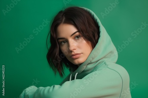 Medium shot portrait photography of a tender girl in her 30s wearing a comfortable tracksuit against a spearmint green background. With generative AI technology