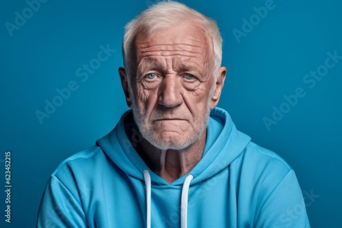 Headshot portrait photography of a tender old man wearing a comfortable tracksuit against a cerulean blue background. With generative AI technology