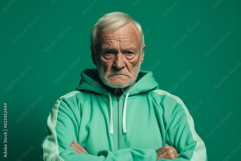 Photography in the style of pensive portraiture of a glad old man wearing a comfortable tracksuit against a spearmint green background. With generative AI technology Photography in the style of pensive portraiture of a glad old man wearing a comfortable tracksuit against a spearmint green background. With generative AI technology