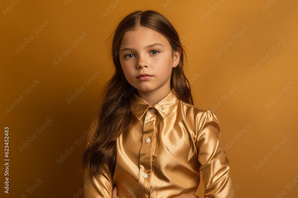 Environmental portrait photography of a tender kid female wearing an elegant long-sleeve shirt against a gold background. With generative AI technology Environmental portrait photography of a tender kid female wearing an elegant long-sleeve shirt against a gold background. With generative AI technology