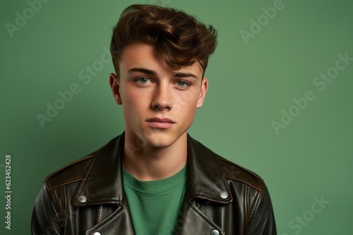 Headshot portrait photography of a tender boy in his 20s wearing a trendy leather jacket against a spearmint green background. With generative AI technology