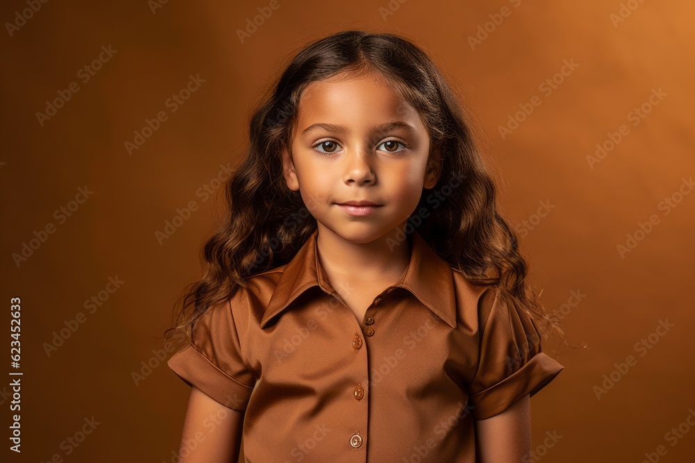 Close-up portrait photography of a tender kid female wearing a casual short-sleeve shirt against a copper brown background. With generative AI technology Close-up portrait photography of a tender kid female wearing a casual short-sleeve shirt against a copper brown background. With generative AI technology