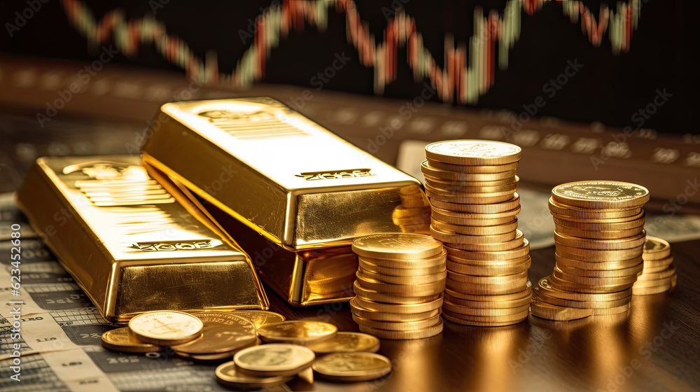 Gold trading, gold bars on fabric with stock graph chart stock market trade background, pile of gold bars financial business economy concepts, wealth and reserve success in business and finance. Gold trading, gold bars on fabric with stock graph chart stock market trade background, pile of gold bars financial business economy concepts, wealth and reserve success in business and finance.