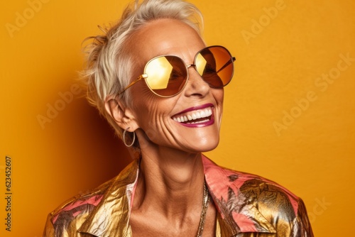 Close-up portrait photography of a grinning mature woman wearing a daring bikini and trendy sunglasses against a gold background. With generative AI technology