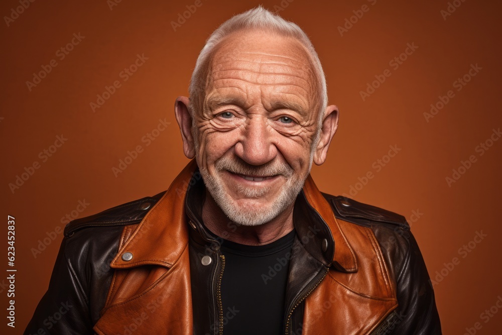 Close-up portrait photography of a happy old man wearing a trendy leather jacket against a copper brown background. With generative AI technology