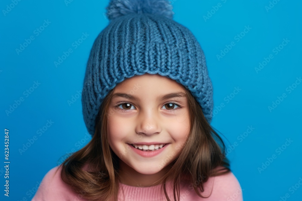 Headshot portrait photography of a grinning kid female wearing a warm beanie against a periwinkle blue background. With generative AI technology Headshot portrait photography of a grinning kid female wearing a warm beanie against a periwinkle blue background. With generative AI technology