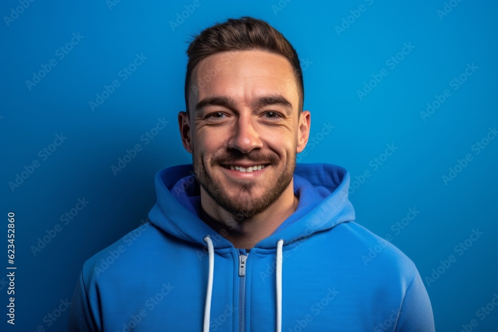 Close-up portrait photography of a glad boy in his 30s wearing a comfortable tracksuit against a periwinkle blue background. With generative AI technology Close-up portrait photography of a glad boy in his 30s wearing a comfortable tracksuit against a periwinkle blue background. With generative AI technology
