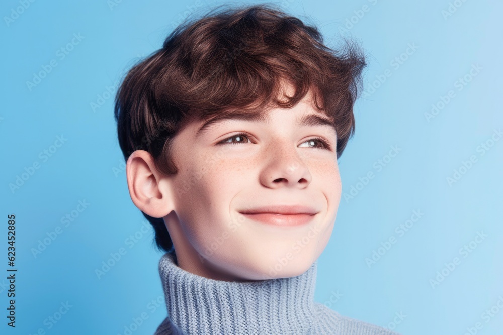 Close-up portrait photography of a satisfied boy in his 20s wearing a classic turtleneck sweater against a periwinkle blue background. With generative AI technology Close-up portrait photography of a satisfied boy in his 20s wearing a classic turtleneck sweater against a periwinkle blue background. With generative AI technology