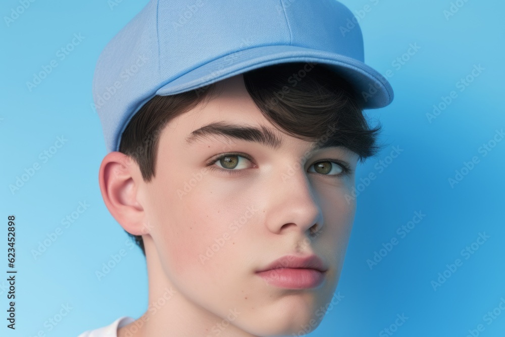 Close-up portrait photography of a tender boy in his 20s wearing a cool cap against a periwinkle blue background. With generative AI technology Close-up portrait photography of a tender boy in his 20s wearing a cool cap against a periwinkle blue background. With generative AI technology