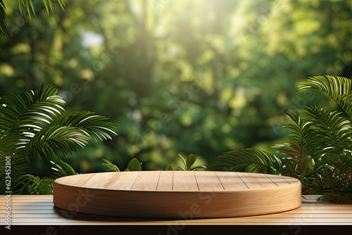 Bamboo product display podium for natural product. Empty outdoors scene with bamboo branch. © PaulShlykov