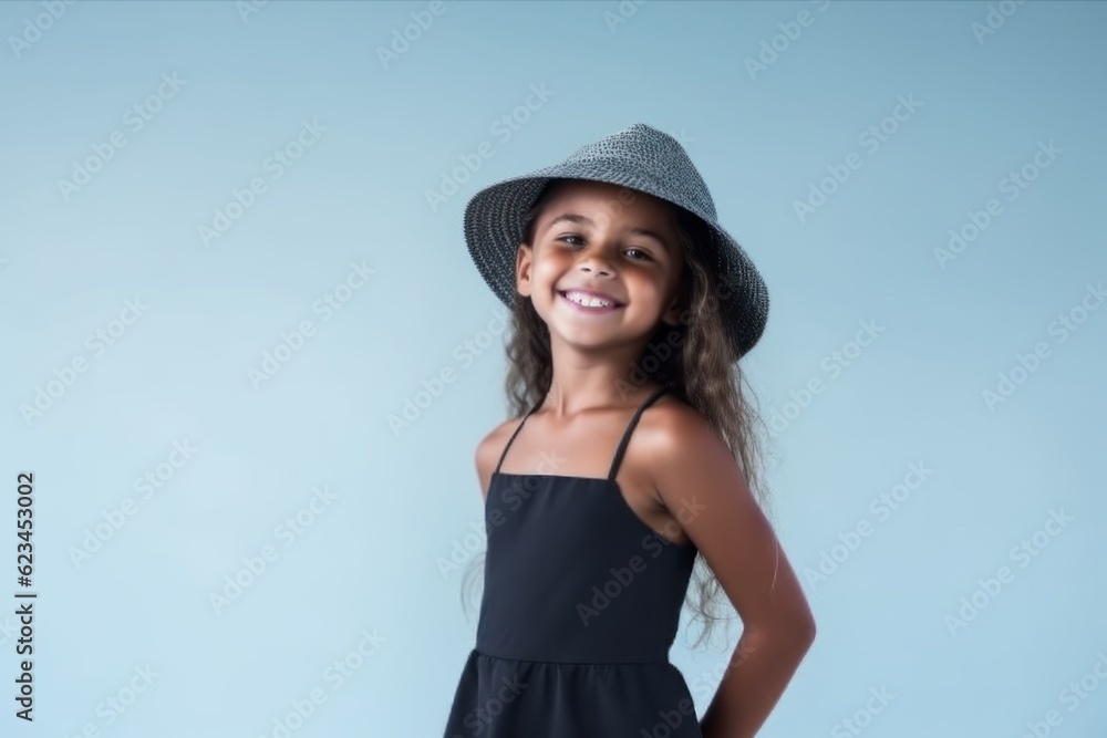 Medium shot portrait photography of a happy kid female wearing a stylish swimsuit against a minimalist or empty room background. With generative AI technology Medium shot portrait photography of a happy kid female wearing a stylish swimsuit against a minimalist or empty room background. With generative AI technology
