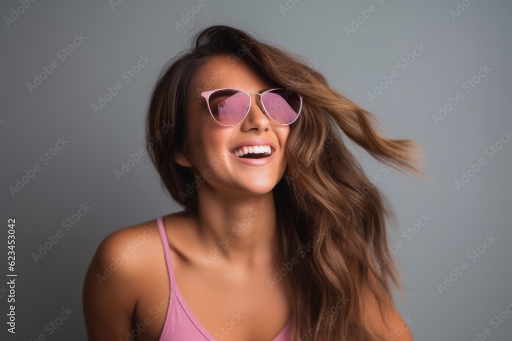 Lifestyle portrait photography of a joyful girl in her 30s wearing a daring bikini and trendy sunglasses against a minimalist or empty room background. With generative AI technology Lifestyle portrait photography of a joyful girl in her 30s wearing a daring bikini and trendy sunglasses against a minimalist or empty room background. With generative AI technology