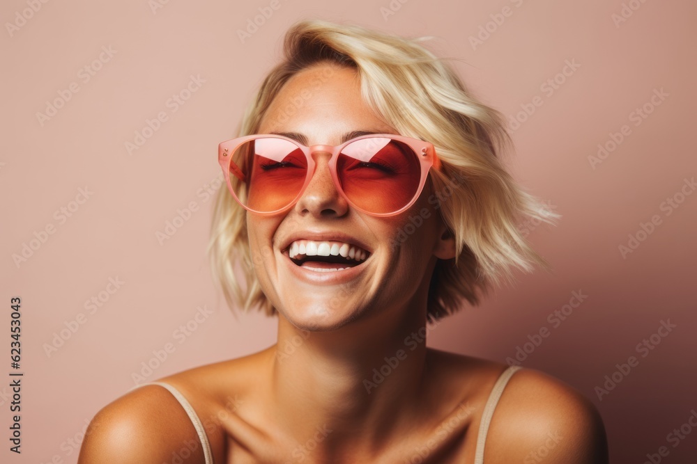 Lifestyle portrait photography of a joyful girl in her 30s wearing a daring bikini and trendy sunglasses against a minimalist or empty room background. With generative AI technology Lifestyle portrait photography of a joyful girl in her 30s wearing a daring bikini and trendy sunglasses against a minimalist or empty room background. With generative AI technology