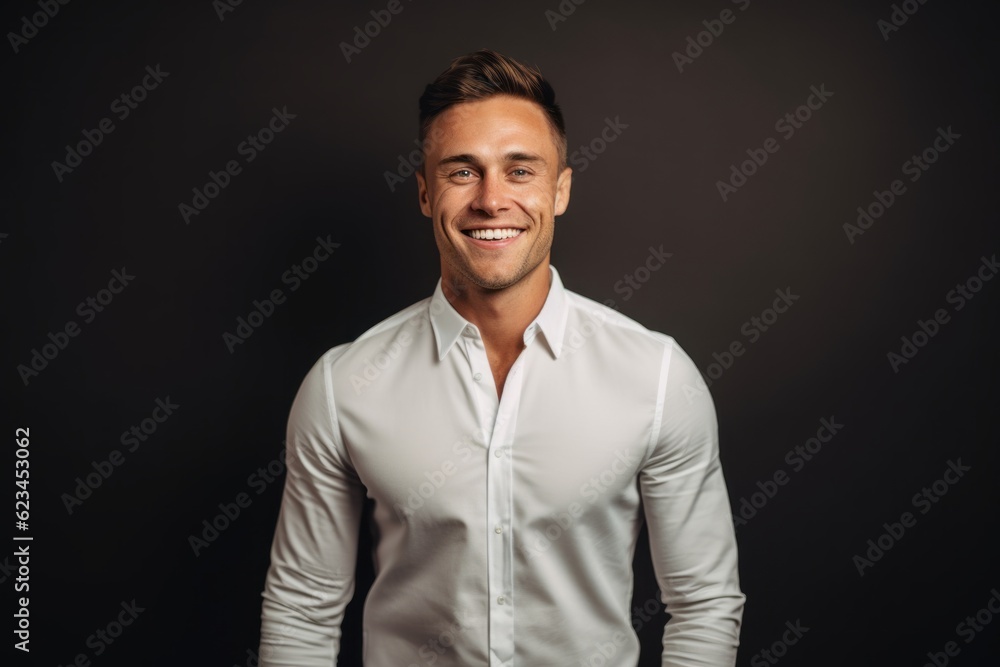 Headshot portrait photography of a happy boy in his 30s wearing an elegant long-sleeve shirt against a minimalist or empty room background. With generative AI technology Headshot portrait photography of a happy boy in his 30s wearing an elegant long-sleeve shirt against a minimalist or empty room background. With generative AI technology
