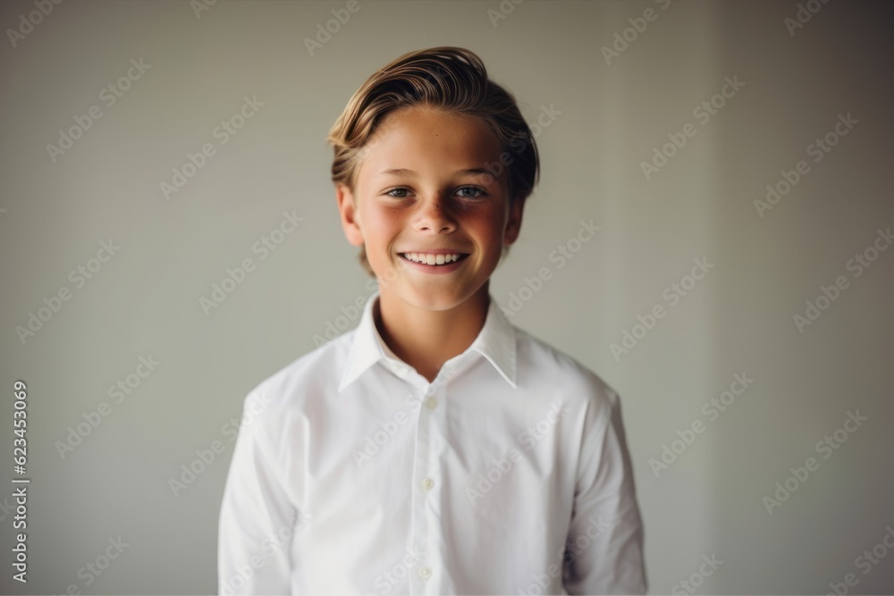 Medium shot portrait photography of a grinning boy in his 30s wearing a classy button-up shirt against a minimalist or empty room background. With generative AI technology Medium shot portrait photography of a grinning boy in his 30s wearing a classy button-up shirt against a minimalist or empty room background. With generative AI technology