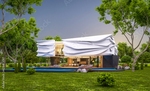 3d rendering of cute cozy modern house with bionic natural curves plastic forms with parking  and pool for sale or rent with beautiful landscape. Clear summer evening with cozy light from window © korisbo
