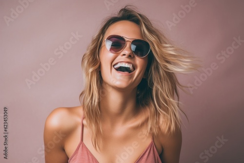 Lifestyle portrait photography of a joyful girl in her 30s wearing a daring bikini and trendy sunglasses against a minimalist or empty room background. With generative AI technology