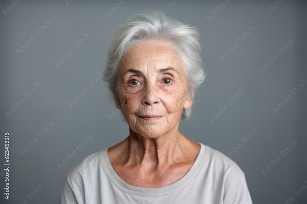 Medium shot portrait photography of a tender old woman wearing a casual t-shirt against a minimalist or empty room background. With generative AI technology Medium shot portrait photography of a tender old woman wearing a casual t-shirt against a minimalist or empty room background. With generative AI technology