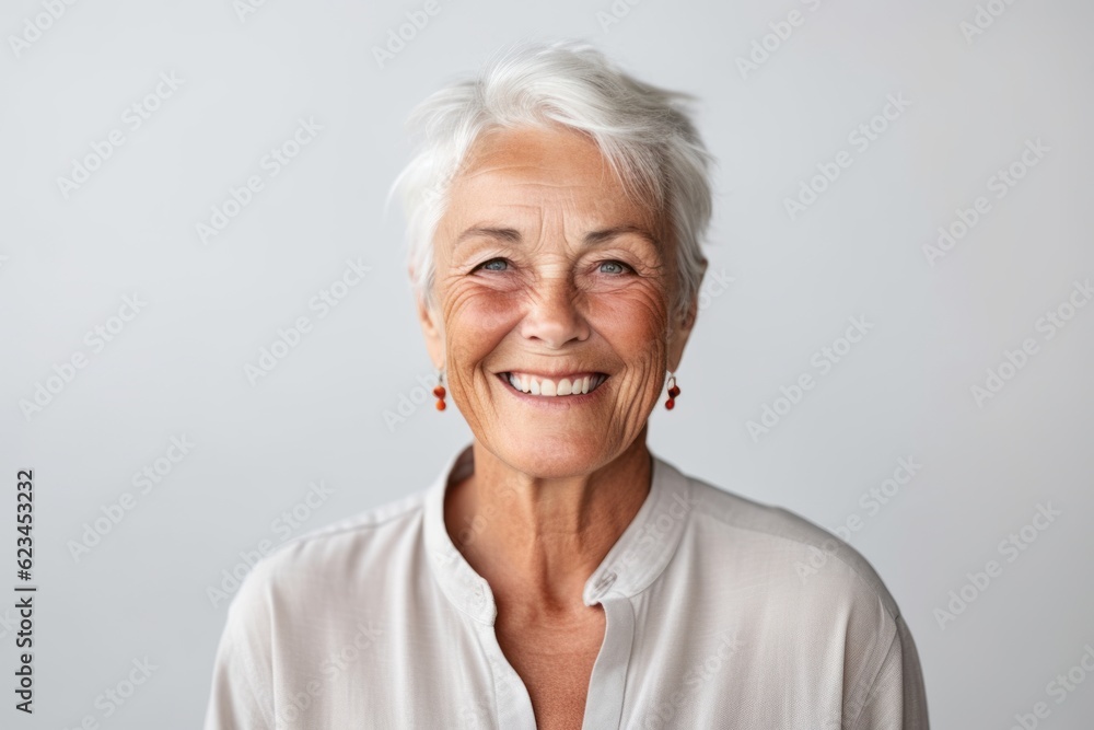 Close-up portrait photography of a happy old woman wearing a classy button-up shirt against a minimalist or empty room background. With generative AI technology Close-up portrait photography of a happy old woman wearing a classy button-up shirt against a minimalist or empty room background. With generative AI technology