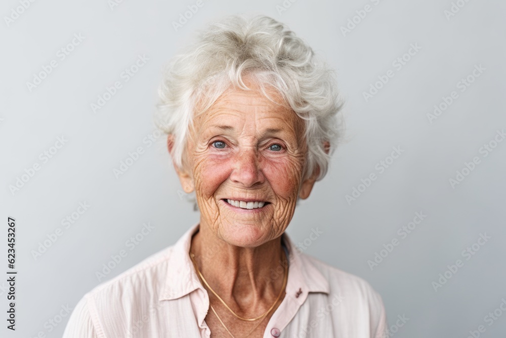 Close-up portrait photography of a happy old woman wearing a classy button-up shirt against a minimalist or empty room background. With generative AI technology Close-up portrait photography of a happy old woman wearing a classy button-up shirt against a minimalist or empty room background. With generative AI technology