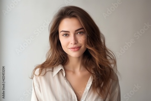 Close-up portrait photography of a satisfied girl in her 20s wearing a chic jumpsuit against a minimalist or empty room background. With generative AI technology