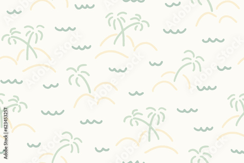 Sea life palm islands - Horizontal minimal scribbles of waves forming a sea water pattern in a colour palette of  mint blue on off white cream, with mint blue palms and light beige islands.
