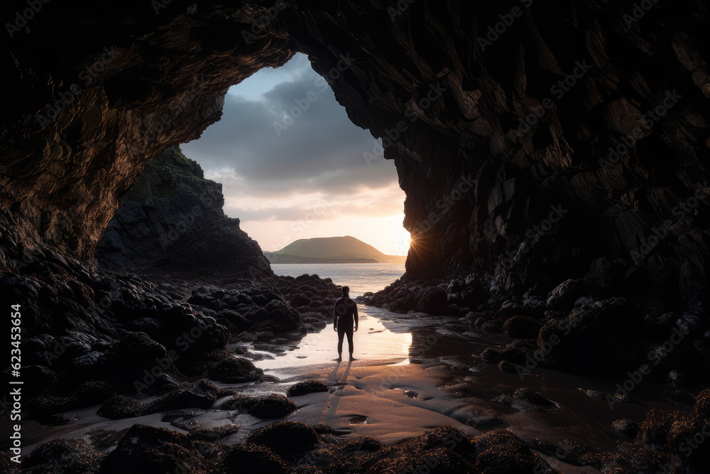 A man stands at the mouth of a cave looking at the sunset scenery outside
