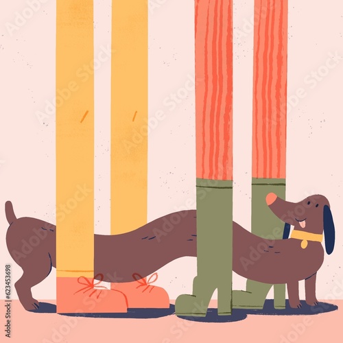 An illustrated dachshund dog between the legs of two people