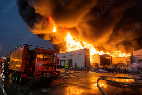 A large factory building is on fire with lots of flames and smoke